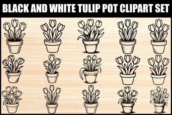 Black White Tulip Pot Clipart Set: Floral Graphics & Illustrations