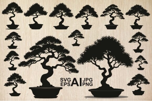 Bonsai Trees Silhouettes Vector: Graphics & Illustrations
