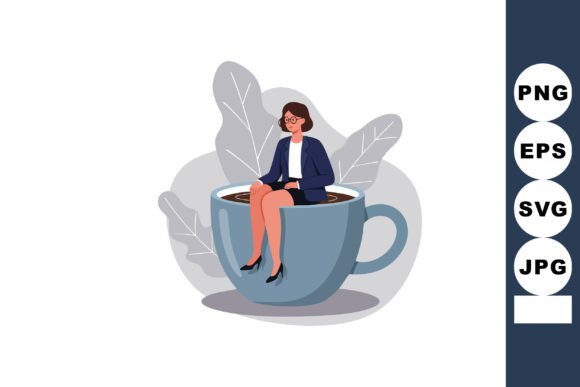 Businesswoman Sitting Inside Large Coffee Graphics