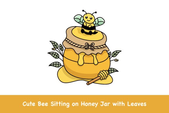 Cute Bee Sitting on Honey Jar Graphics & Illustrations
