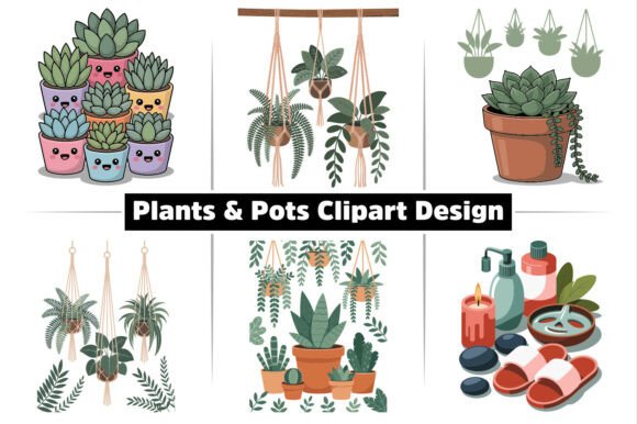 Plants Pots Set Vector Clipart Design: Graphics & Illustrations