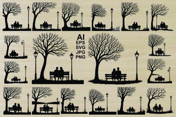 Silhouette Couple Sitting on a Bench Graphics & Illustrations