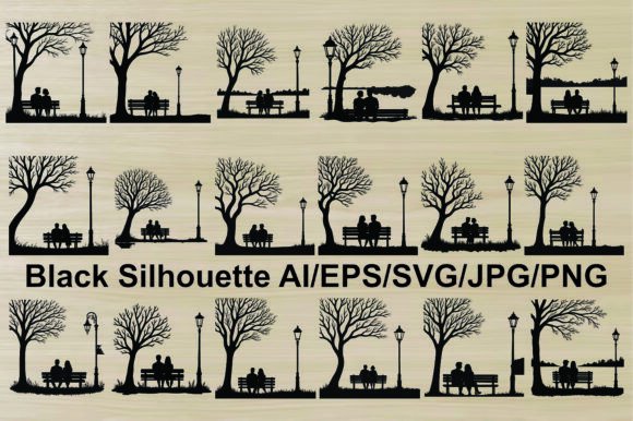 Silhouette Couples Sitting on Park Set: Illustration & Graphics Review