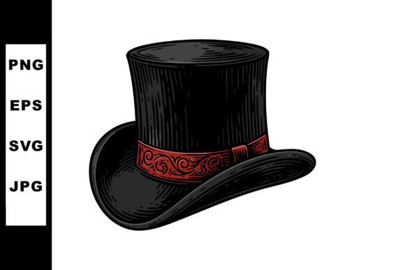 Victorian Black Top Hat with Red Pattern Graphics