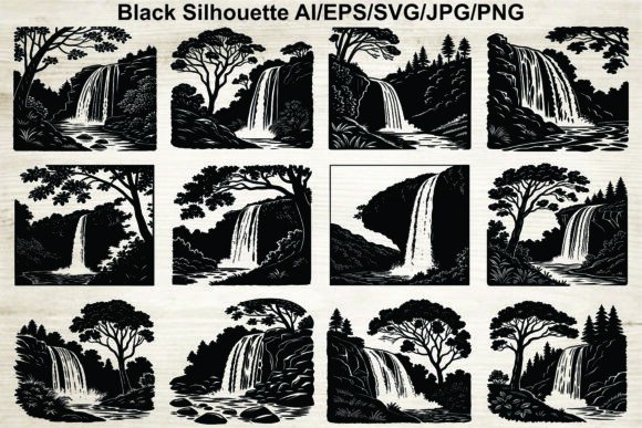 Waterfall Silhouette Icon Set: Graphics & Illustrations for Handmade Creators