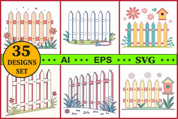 Wooden Fence Floral Garden Vector Set